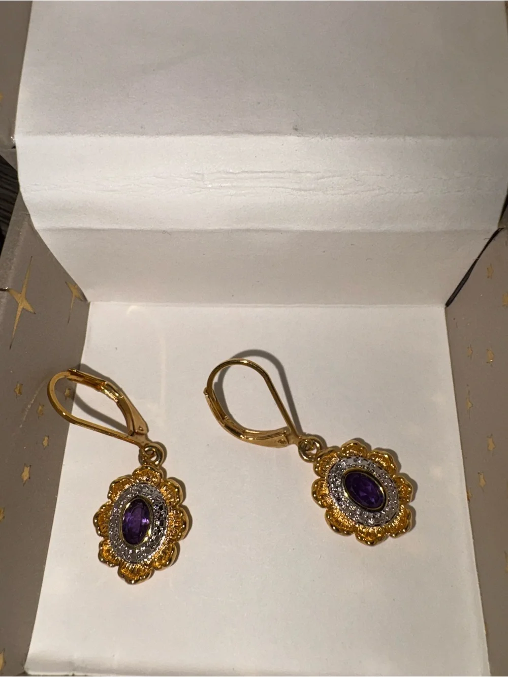 Gold-Plated Amethyst & Diamond Flower Pendant Necklace and Earrings Set